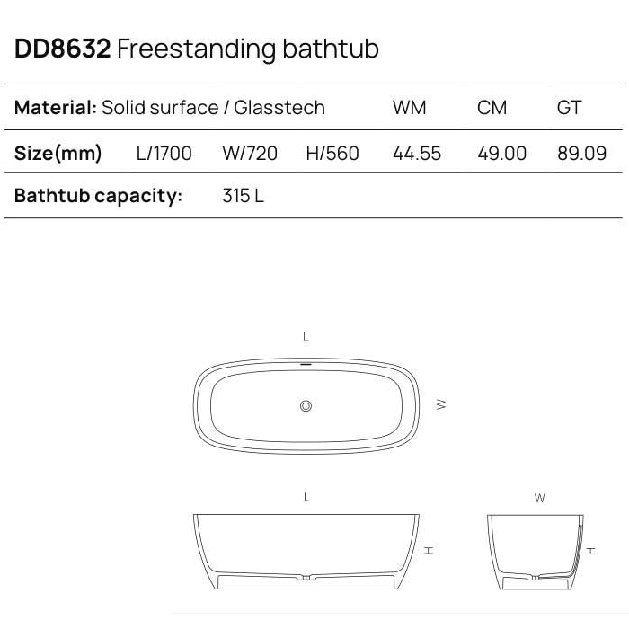 Dea Design Soul Ванна 170х72х56см, отдельностоящая, Solid Surface, цвет: White №18