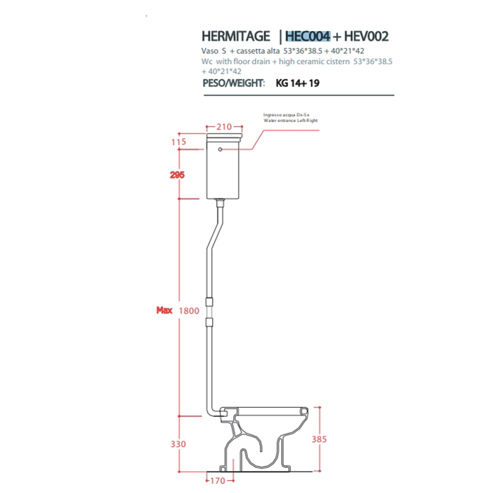 Artceram HERMITAGE Унитаз приставной слив в стену, 36х55см, с крепежом в комплекте, цвет белый с бачком с высокой трубой, цвет: хром