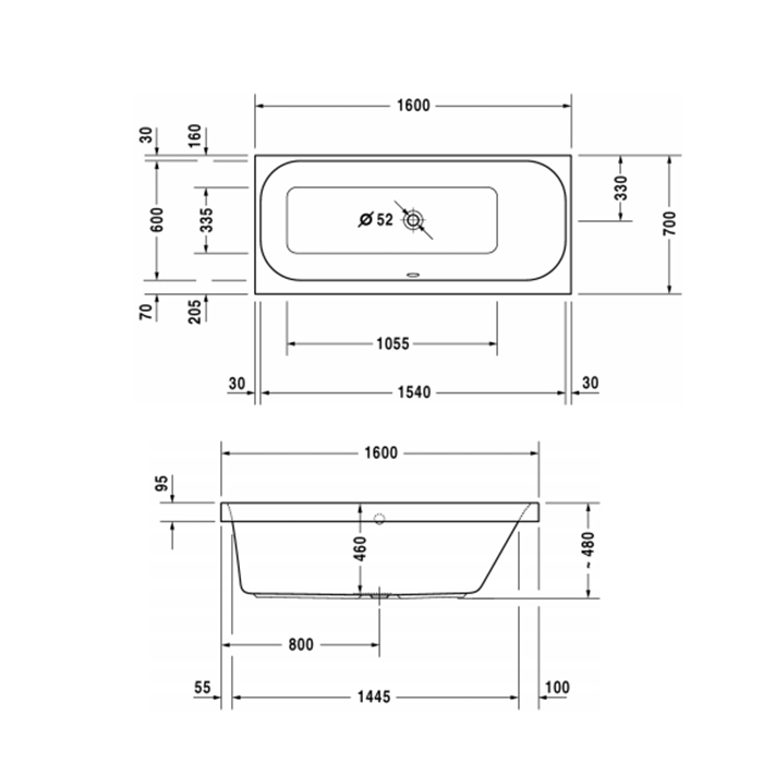 Ванна акриловая Duravit Happy D.2 160х70x48см, прямоугольная.встраиваемая версия, с наклоном для спины справа, цвет: белый