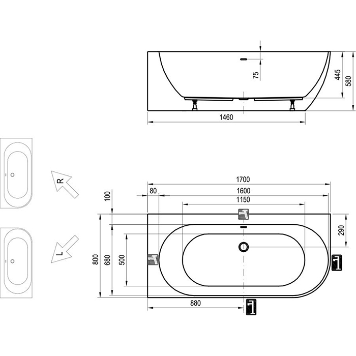 Ravak Freedom Corner L Ванна 170x80см, пристенная, цвет: белый