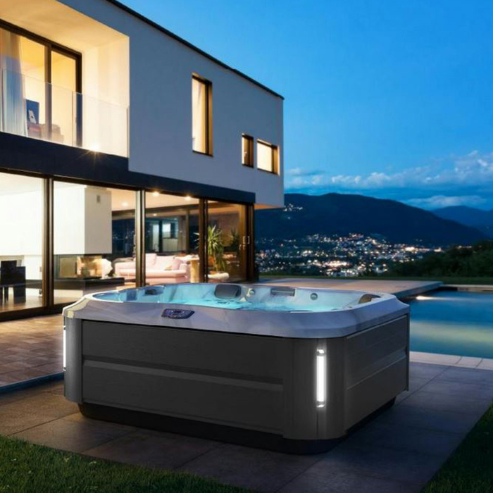 Jacuzzi J355 Минибассейн 214х214х94см, отдельностоящий, каскад, посветка, нагреватель, массажный подголовник, панель Brushed gray, цвет акрила: Platinum