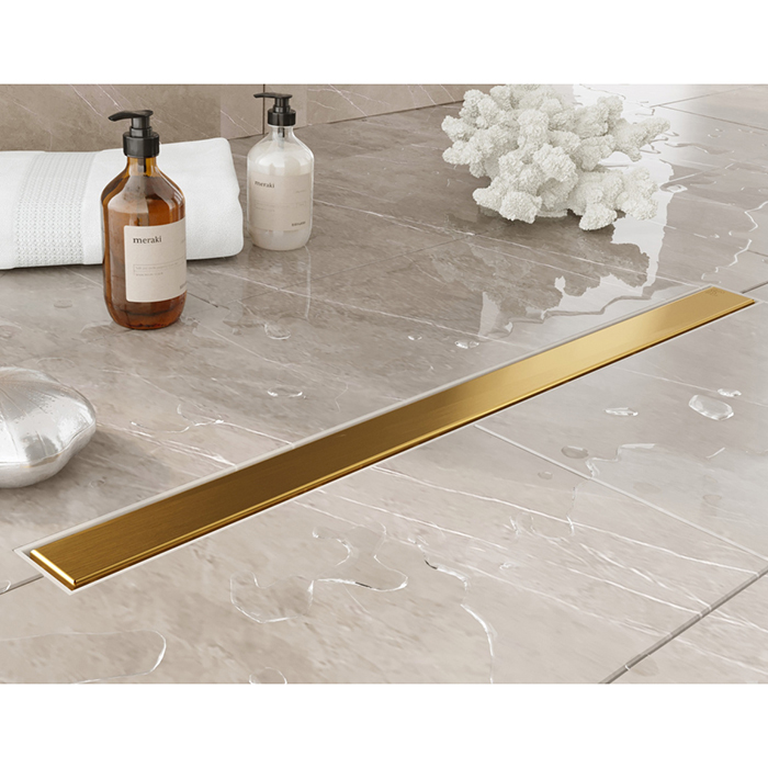 Plumberia Selection Трап душевой PS MODULAR 4x70 2устор. накладка из нерж.стали, комбинир.затвор с горизонт. Выпуском Ду 50мм,40л/мин, цвет: золото брашированная