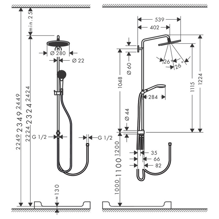 Душевая Hansgrohe Croma Select 280 1jet Reno cистема 28см, с ручным душем, цвет: хром