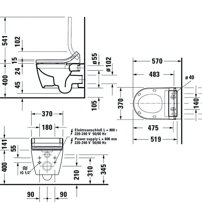 DURAVIT Me by Starck Унитаз подвесной безободковый 57х37см, для крышки-биде Sensowash, с креплением, цвет: белый