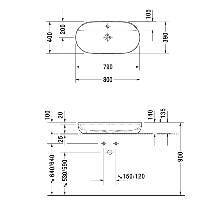 Раковина накладная Duravit Luv 80х40см, с 1 отв., без перелива, цвет: белый