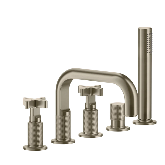 Смеситель для ванны Gessi Inciso на 5 отверстий с изливом, переключателем, ручным душем и шлангом 1,50 м, цвет: finox