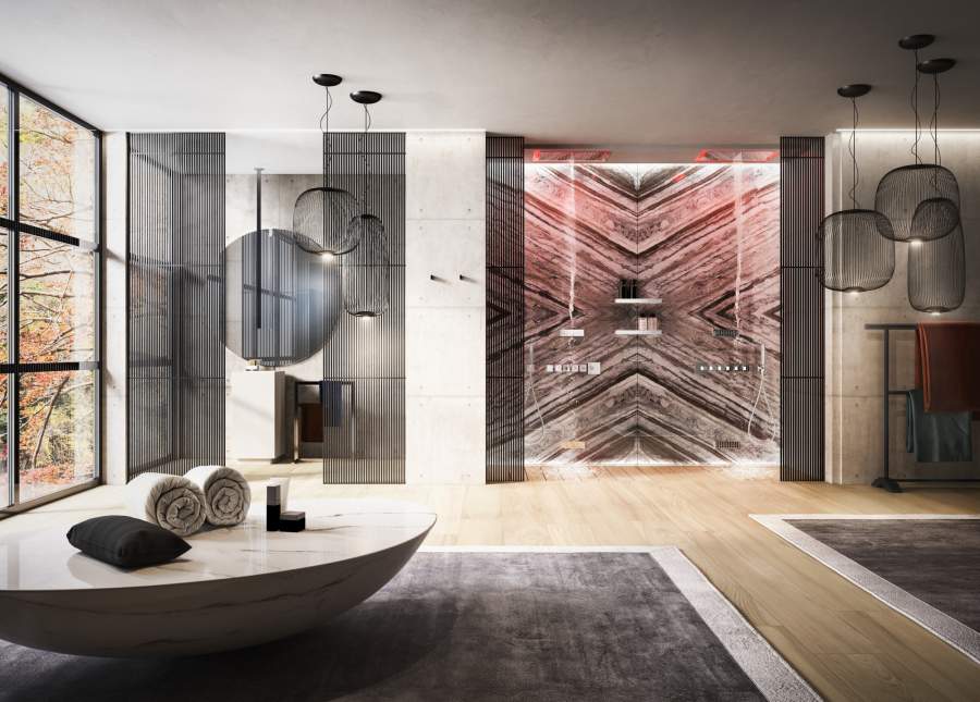 Скрытая часть душевой системы Gessi Afilo 300 × 500 мм, с режимами Тропический ливень, Водопад, Распыление и Хромотерапией, в комплекте пульт управления с держателем, цвет: Matte White