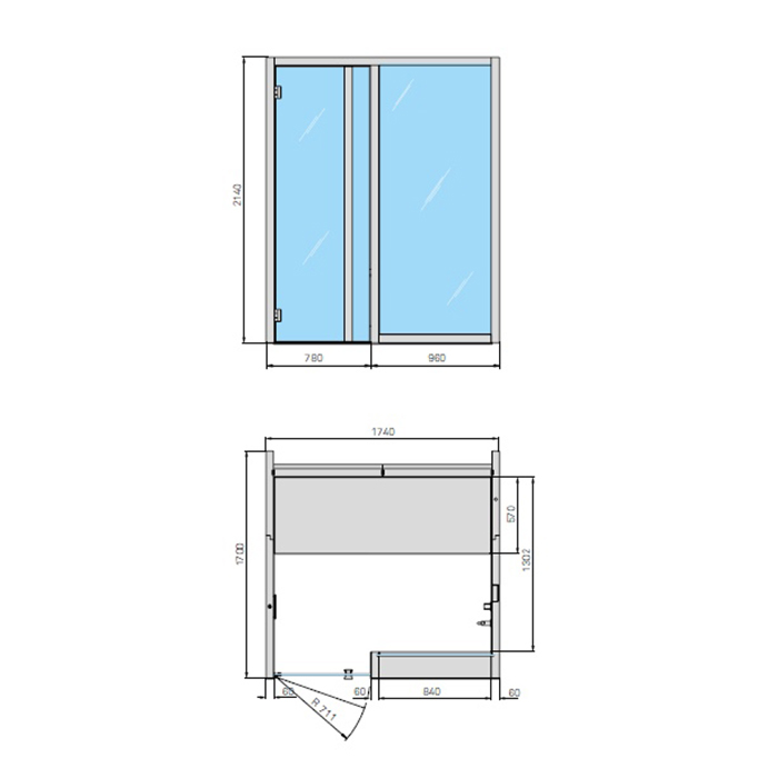 Effegibi Yoku H Glass Хаммам 174x170х214см, угловая Sx, цвет: осина термообработанная/Calacatta Gold Extra