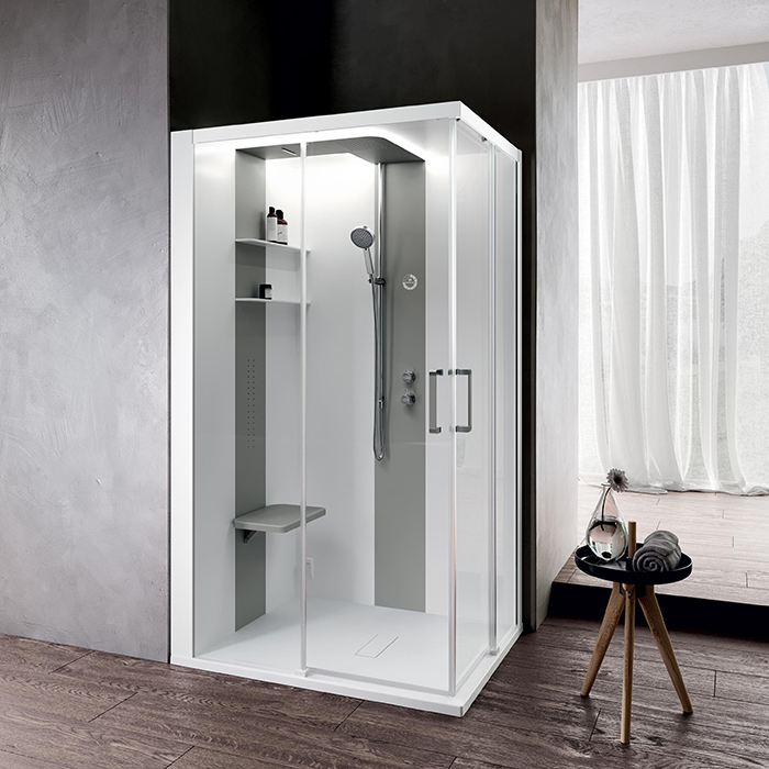 Novellini Skill A Душевая кабина 120х100х217.5cмм, Sx, Essential, поддон 12.5см, с термостатическим смесителем, стекло, цвет: белый глянц/Light grey