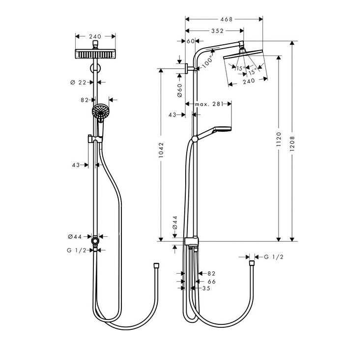 Душевая стойка с верхним душем Hansgrohe Crometta E 24см, ручным душем и шлангом 150см, цвет: хром
