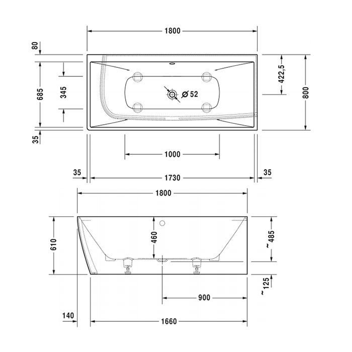 Duravit DuraSquare Ванна 180x80см,  угол справа, с панелью и ножками.с 2 наклонами для спины. цвет: белый