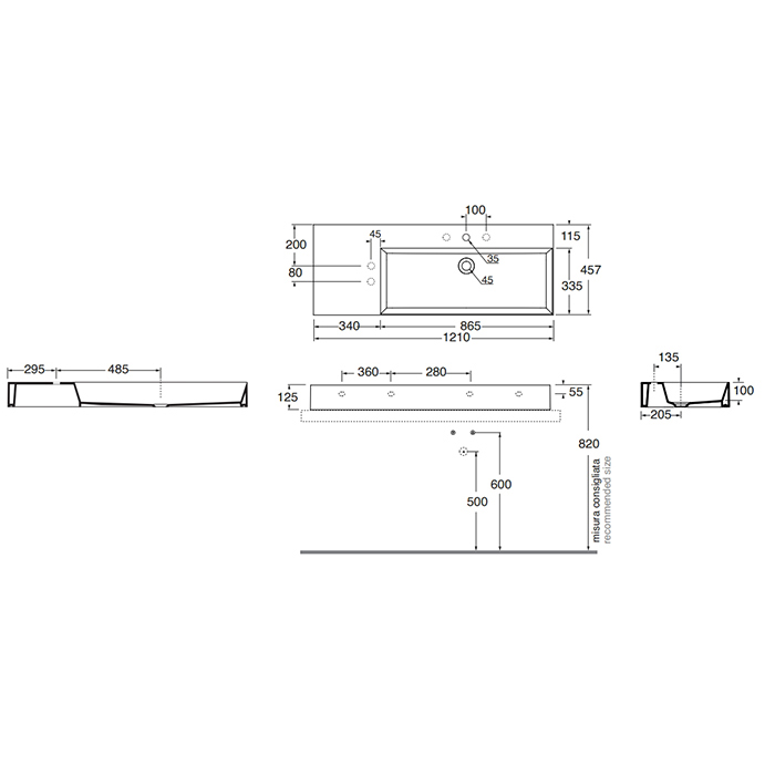 Azzurra Elegance Squared Раковина подвесная/накладная, 122x46xH12,5 см, левая, 1 отв., цвет: Bianco lucido