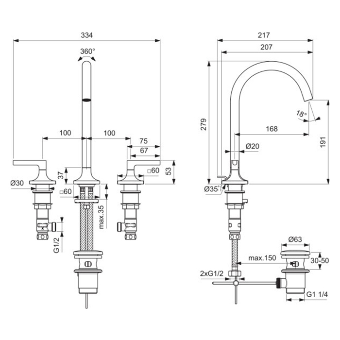 Ideal Standard Joy Neo Смеситель для раковины, на 3 отв., с донным клапаном, цвет: PVD Magnetic Grey