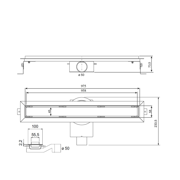 Plumberia Selection Трап душевой PS IN-TILE 6x100 2устор. накладка из нерж.стали, комбинир.затвор с горизонт. выпуск Ду 50мм,40л/мин, цвет: нержавеющая сталь