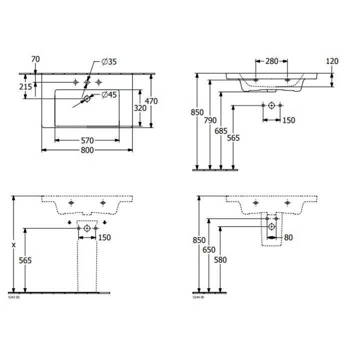 Раковина Villeroy&Boch Subway 3.0 80х47х16.5см, 1 отв., подвесная, цвет: альпийский белый