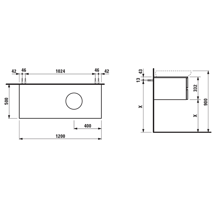 Тумба с раковиной Laufen Alessi One, 120х50х33см, с 4 выдвиж. ящиками, DX, подвесная, покрытие LCC, цвет: орех