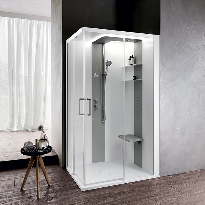 Novellini Skill A Душевая кабина 120х100х217.5cмм, Dx, Essential, поддон 12.5см, с термостатическим смесителем, стекло, цвет: белый глянц/Light grey