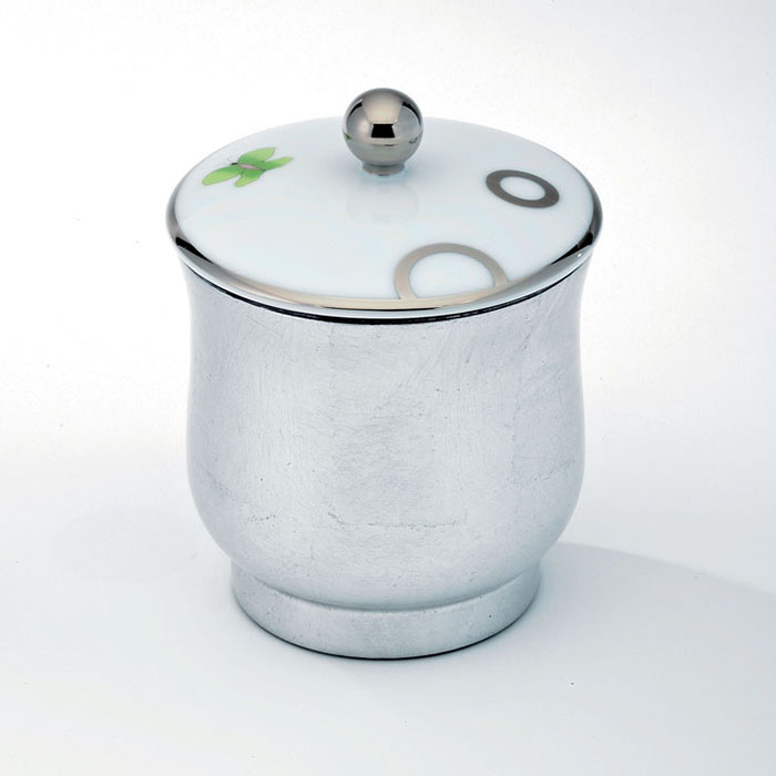Китайская лакированная коробка THG CAPUCINE VERT DECOR PLATINE с белой керамической крышкой Ø94 мм, small size, декор платина/зеленый, цвет: белый
