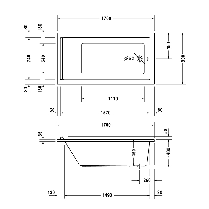 Duravit Starck Ванна 170x90х48см, встраиваемая, акрил, цвет: белый