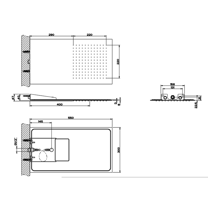 Верхний душ Gessi Tremillimetri QUADRO 30х55см, цвет: Black Metal Brushed PVD
