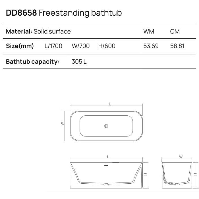 Dea Design Soul Ванна 170х70х60см., отдельностоящая, Solid Surface, цвет: White №18