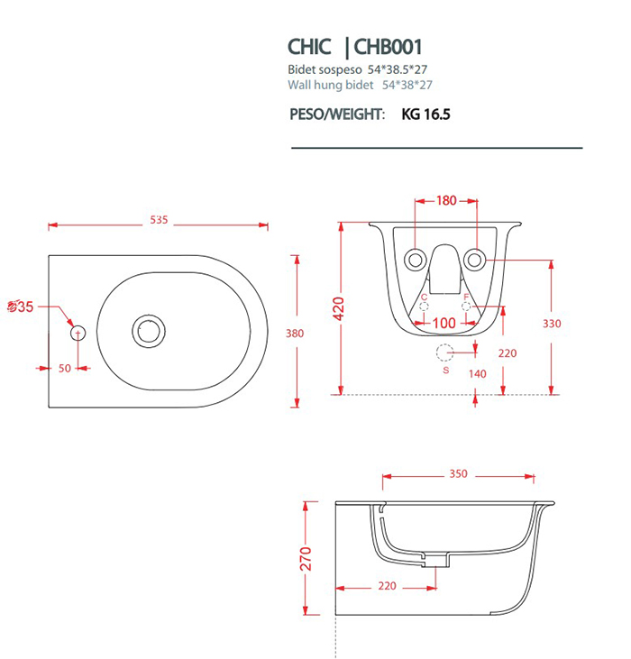 Artceram Chic Биде подвесное 38х53см., с 1 отв., цвет: белый
