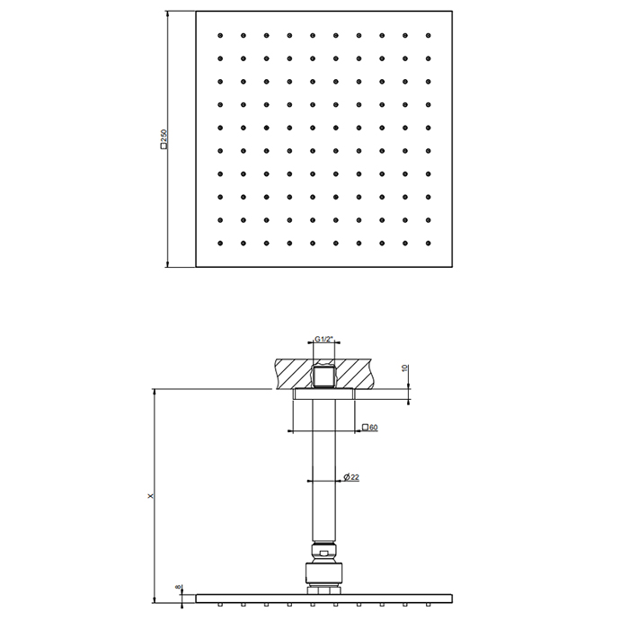 Потолочная душевая головка Gessi Rilievo на 1/2" 250x250 мм, длина изгот. под заказ (105 - 1855 мм), цвет: nero XL
