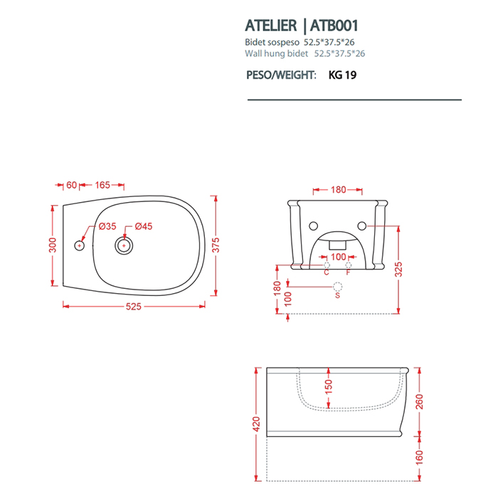 Artceram Atelier Биде подвесное 52х37см, с 1 отв под смеситель, цвет: matera