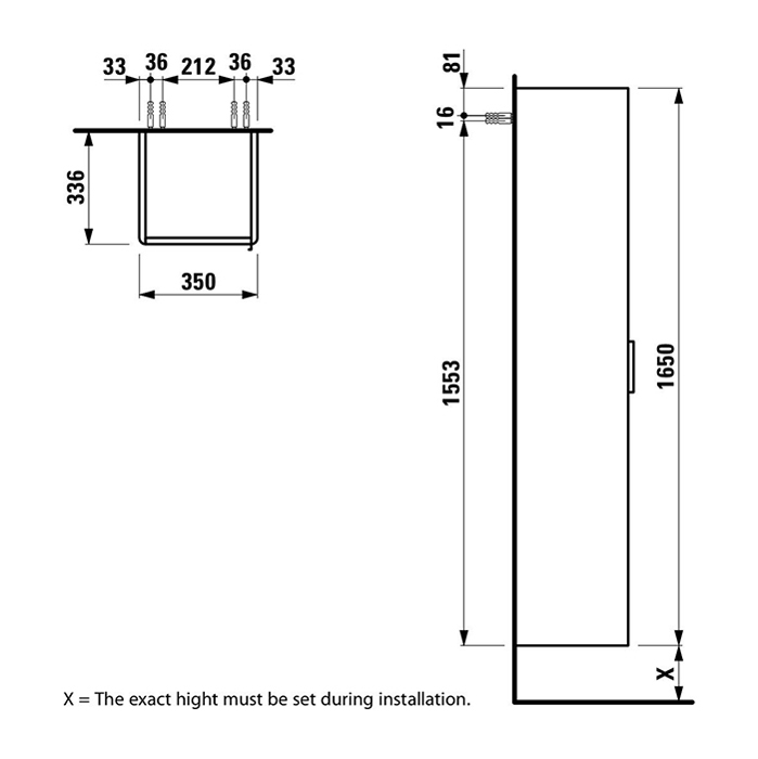 Laufen Base Высокий шкаф 35x33.5x165см, 1 дверца, SX, 1 фиксированная полка, 4 стеклянные полки, дизайн совпадает со шкафами под раковину, цвет: темный вяз