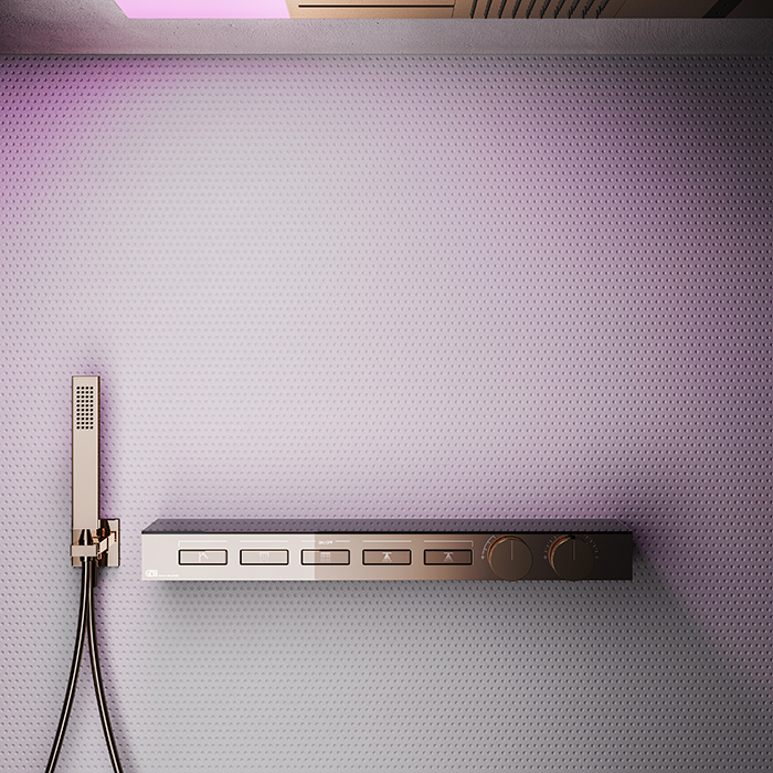 Термостат для душа Gessi Hi-Fi, с вкл. до 5 источников одновременно, с полкой из черного мат. стекла, внешняя часть, цвет: Copper PVD