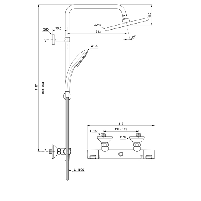 Ideal Standard Ceratherm T25 Душевая система с термостатическим смесителем, верхним душем Ø25см, держателем, лейкой для душа и шлангом 150см, цвет: хром