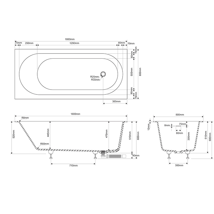 Dea Design Ease Ванна 180х80хh58см., встраиваемая, в комплекте ножки, интегр.слив/перелив в цвет ванны цвет: белый