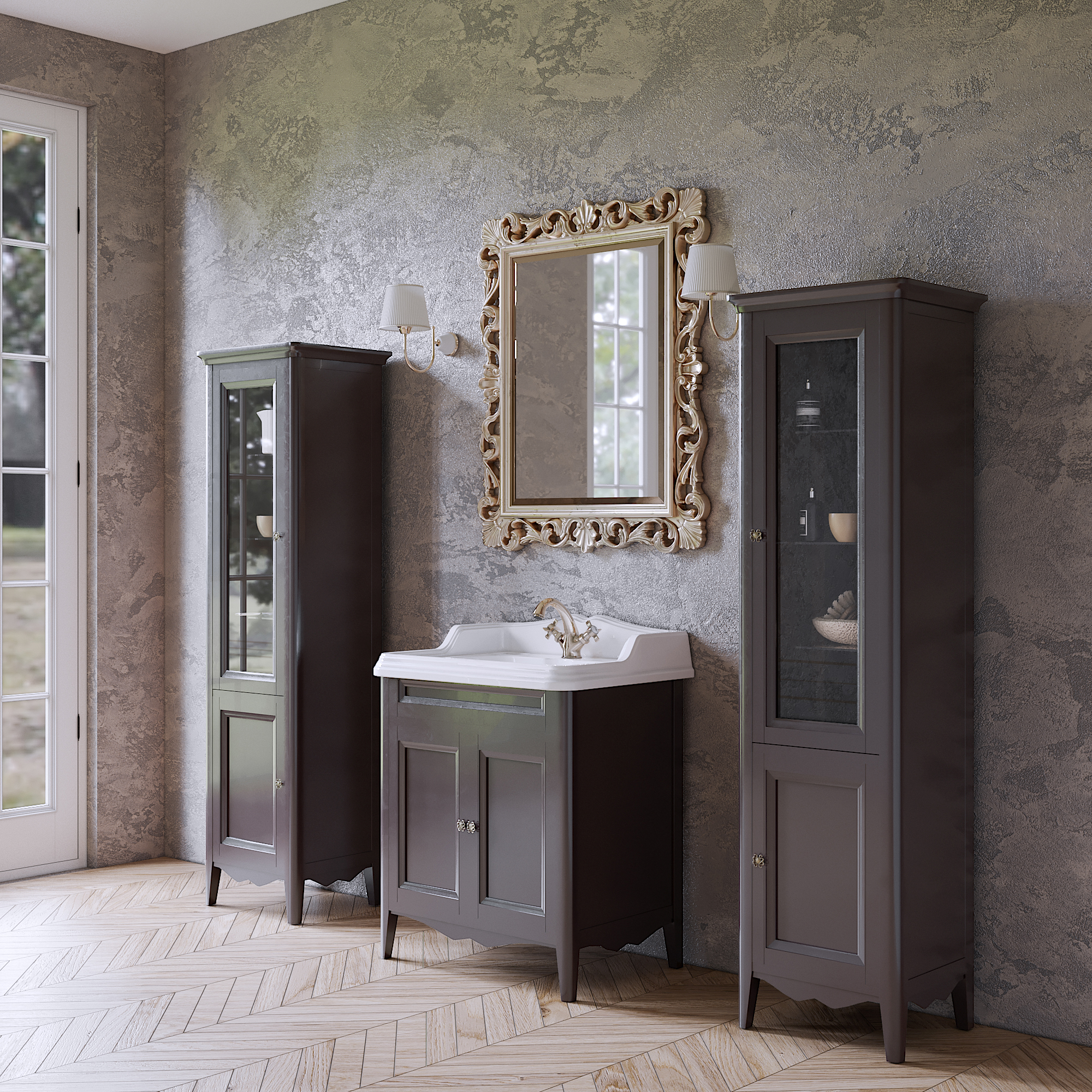 База TW Veronica, с раковиной Simas AR834bi x1 73x54см с 1отв. под смеситель, 2 расп. дверки, доводч. Blum, ручки: Riflesso бронза, напольная, Цвет: grigio