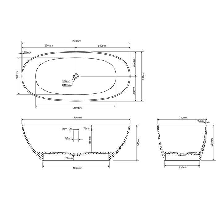 Dea Design Edge Ванна 170х78хh56см., отдельностоящая, цвет: белый