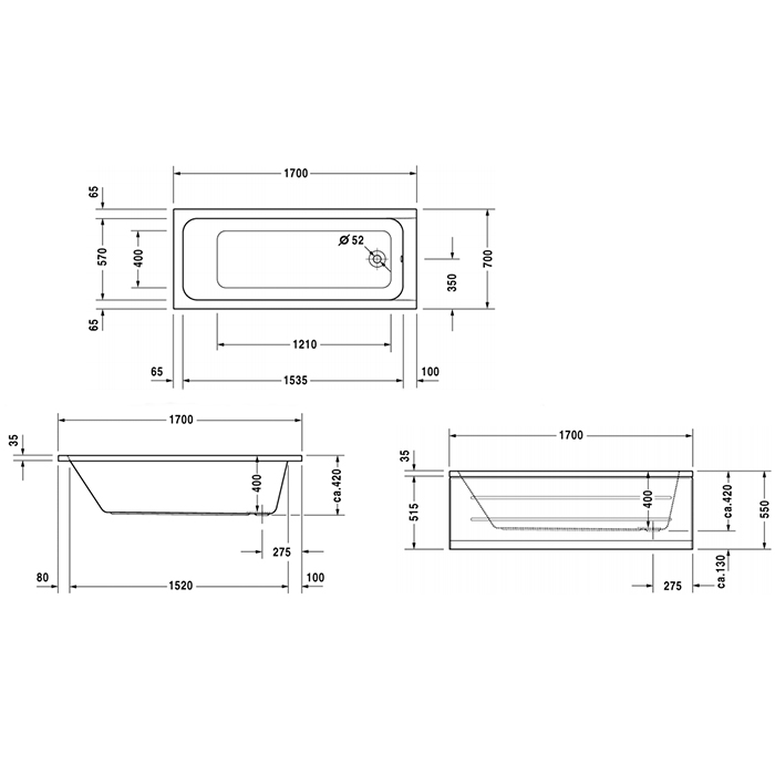 Duravit D-Code Ванна акриловая 170х70см, встраиваемая, с 1 наклоном для спины, выпуск в зоне ног, цвет: белый
