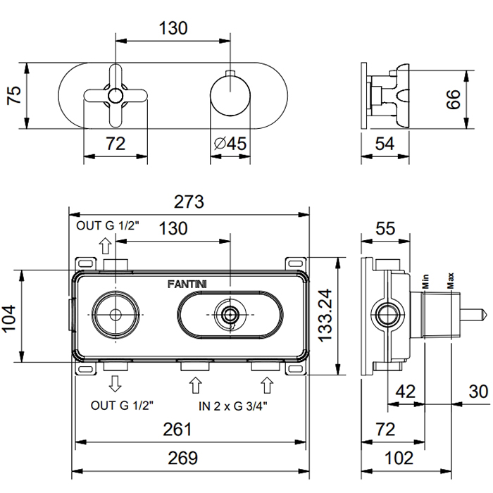 Fantini Icona Classic Смеситель для душа, встраиваемый, термостатический,  на 2 источника, 3/4", (наружняя часть), цвет: Matt Copper PVD