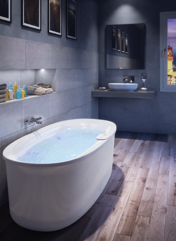 Jacuzzi Arga  Ванна 175x85x57 см отдельностоящая, Swirlpool Illumatherapy™4 форсунки, подсветка Rainbow, цвет: белый глянцевый