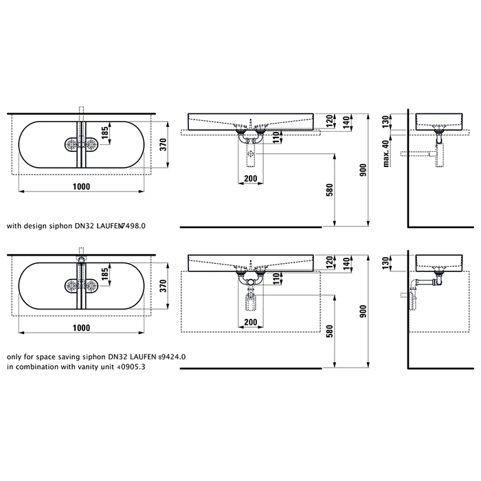 Laufen Sonar Раковина 100x37x13см, двойная, накладная, без отв., без перелива, цвет: белый матовый