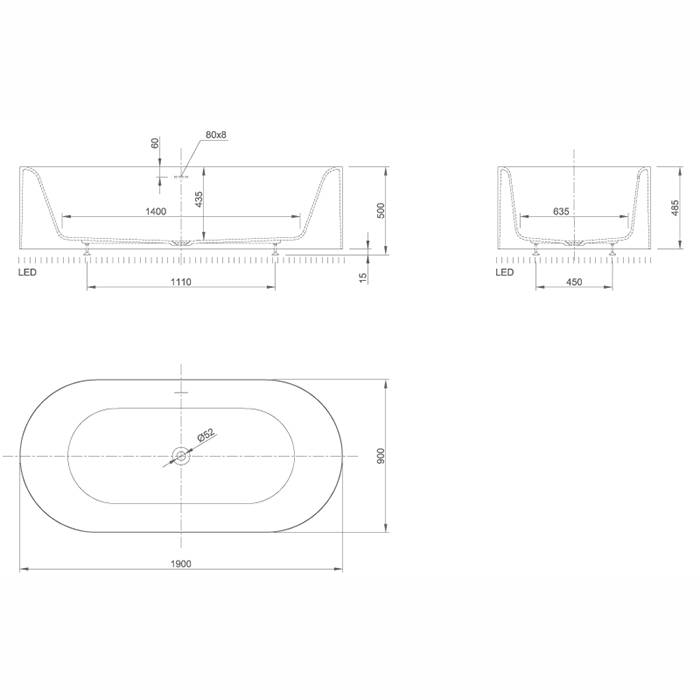 KNIEF Moon Ванна отдельностоящая 190x90x50см, c встроенной LED подсветкой, с слив переливом, цвет: белый матовый
