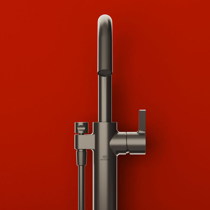 Ideal Standard Joy Смеситель для ванны, напольный, с ручным душем Stick, шланг для душа Idealflex 125см, для монтажа с A6133NU, цвет: PVD Magnetic Grey