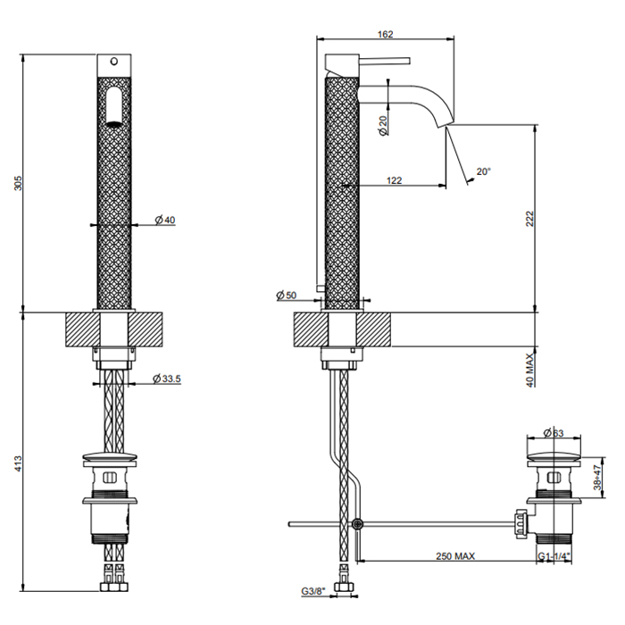 Смеситель для раковины Gessi 316 на 1 отв. с донным клапаном, h:305мм, излив: 123мм, цвет: brushed black metal pvd