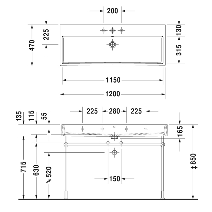 Duravit Vero Air Раковина 120х47см, подвесная, c 3 отв., с переливом, цвет: белый