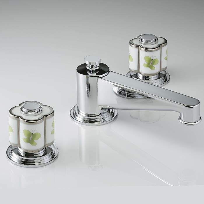 Смеситель для раковины THG CAPUCINE VERT DECOR PLATINE на 3 отверстия, с донным клапаном, декор платина/зеленый, цвет: хром
