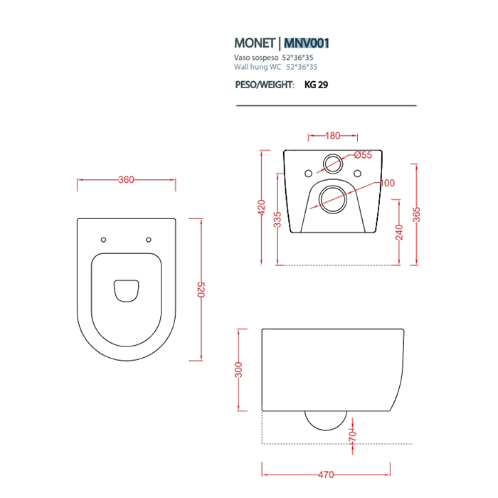 Artceram Monet Унитаз подвесной Rimless 36х52см., цвет: черный матовый