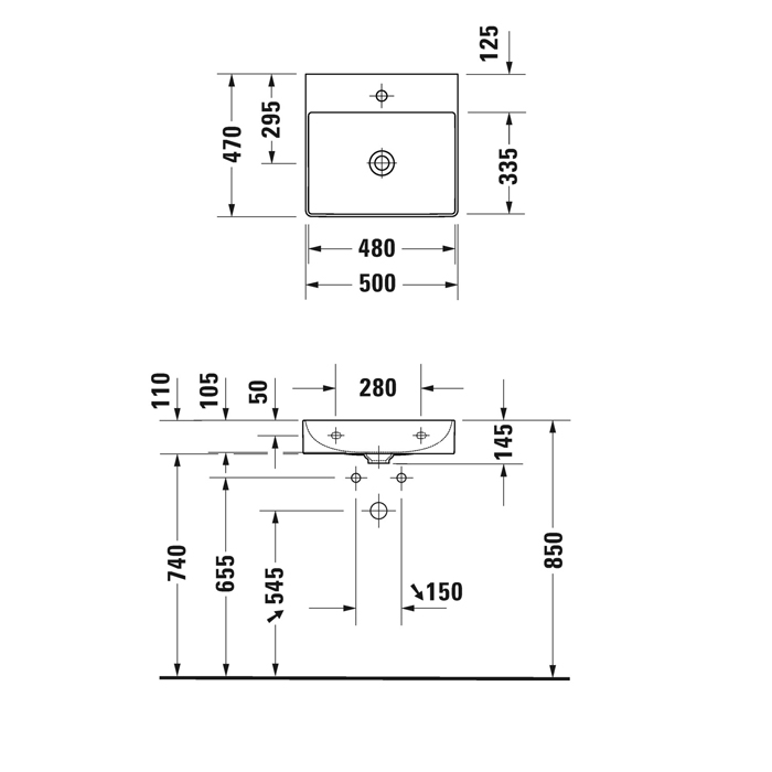 Duravit DuraSquare Раковина накладная 50х47см, с 1 отв., без перелива, с крепежом, цвет: белый