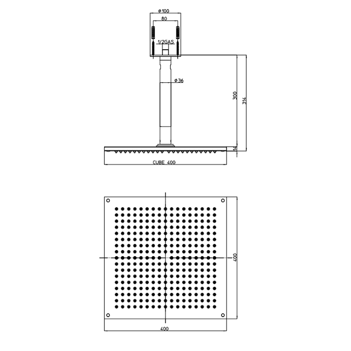 BOSSINI DREAM-CUBE Верхний душ 400 x 400 мм 1 режим - держателем вертикальным 300 x Ø 36 мм, цвет: хром