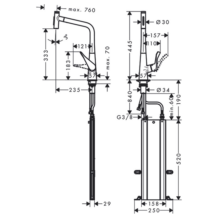 Смеситель для кухни Hansgrohe Metris M71, на 1 отв, поворотный излив: 23.5см с вытяжным душем, 2jet, h: 33.3см, sBox, цвет: хром