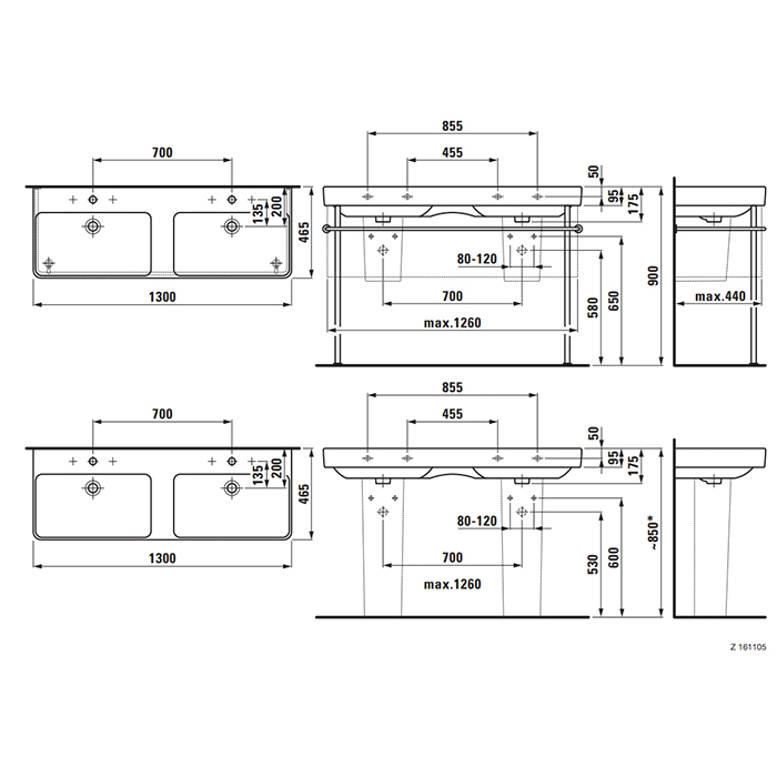Раковина двойная Laufen Pro S 130x46.5см, подвесная, с 1 отв., на каждую раковину, цвет: белый глянцевый