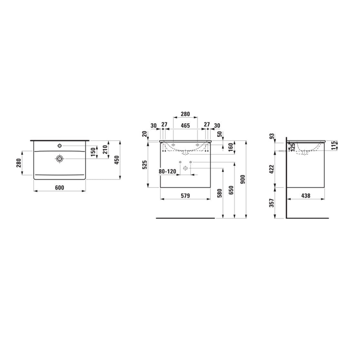 Комплект мебели Laufen Palace 600х450х545 мм, с раковиной Slim, 2 ящика, органайзер для ящика, ручка анодированный алюминий, цвет: интенсивный серый