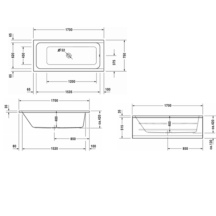 Duravit D-Code Ванна акриловая прямоугольная 170х50x40см, встраиваемая, с 1 наклоном для спины, выпуск центральный, цвет: белый